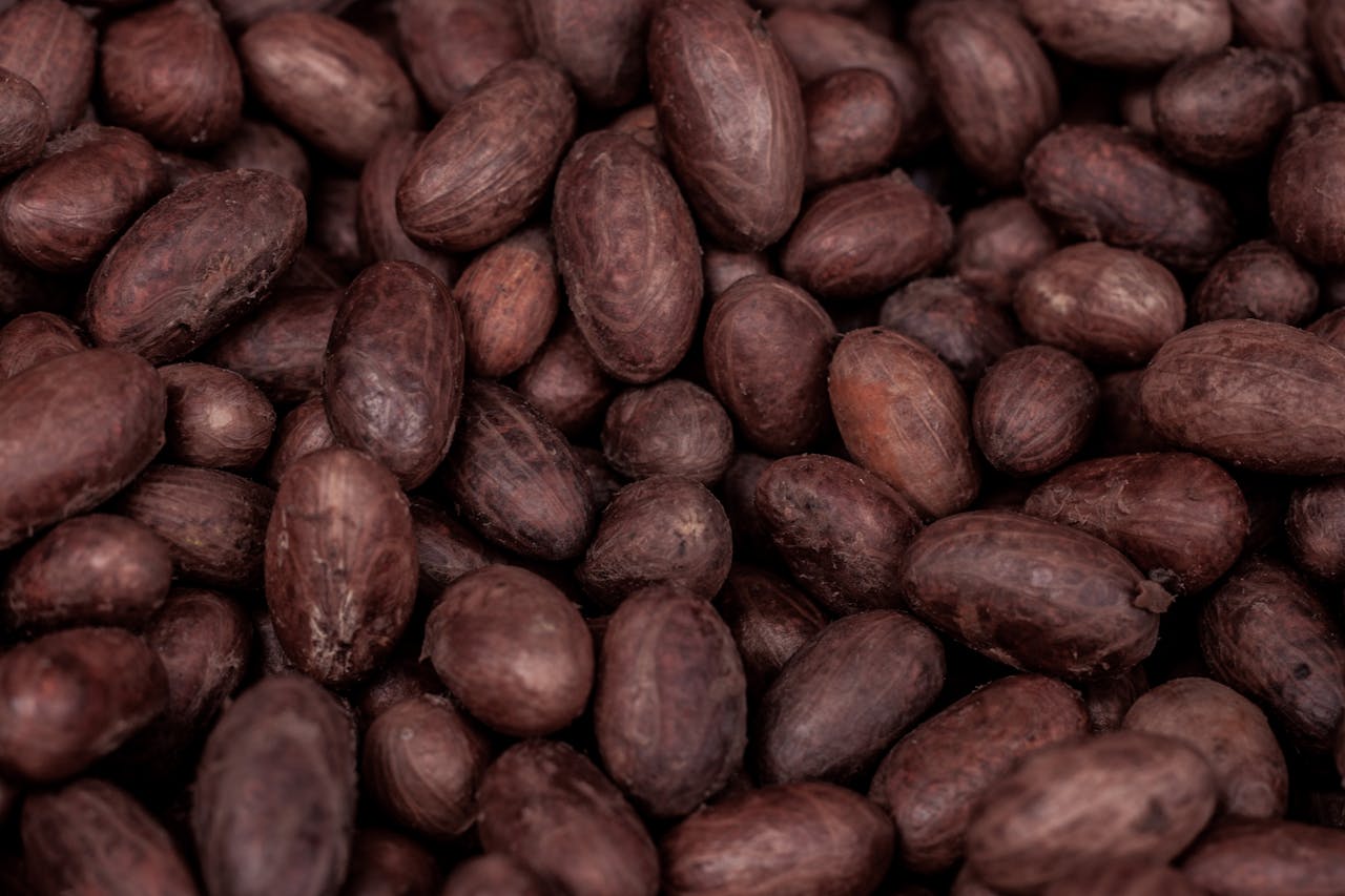 A detailed close-up of raw cocoa beans from Nigeria, showcasing their natural texture and rich color.